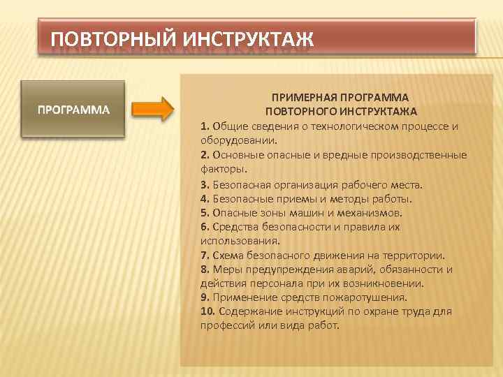 ПОВТОРНЫЙ ИНСТРУКТАЖ ПРИМЕРНАЯ ПРОГРАММА ПОВТОРНОГО ИНСТРУКТАЖА 1. Общие сведения о технологическом процессе и оборудовании.