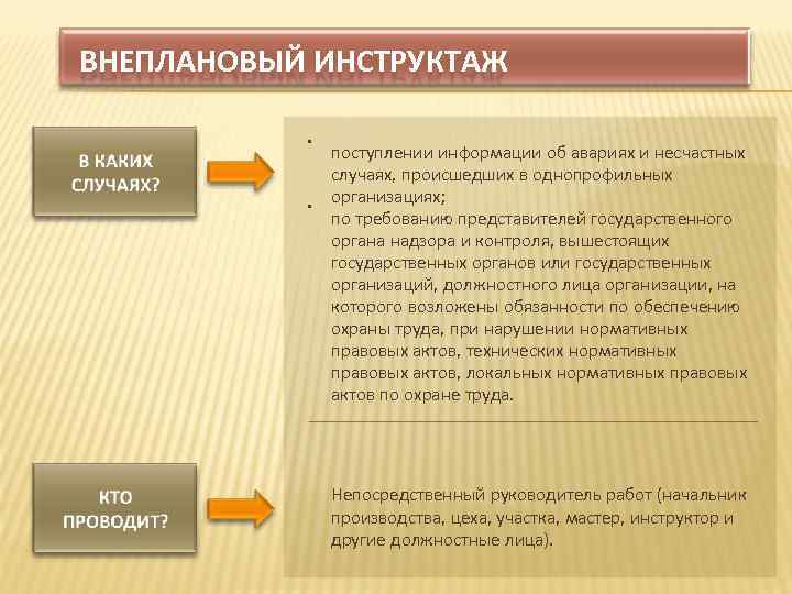 ВНЕПЛАНОВЫЙ ИНСТРУКТАЖ поступлении информации об авариях и несчастных случаях, происшедших в однопрофильных организациях; по