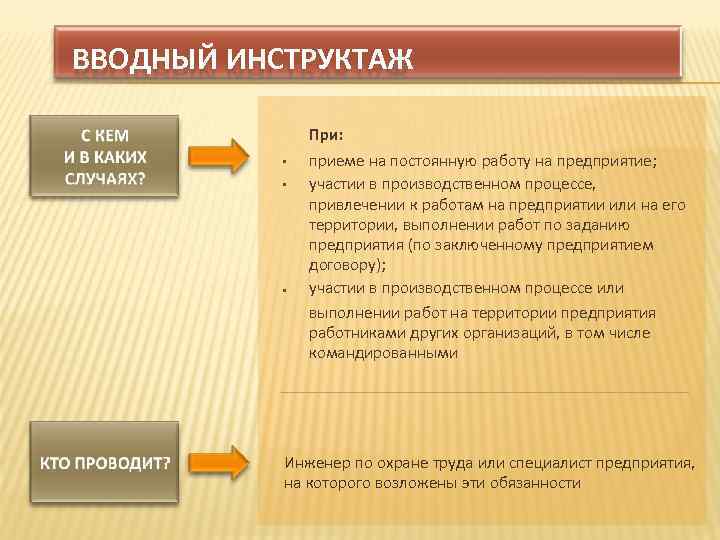 ВВОДНЫЙ ИНСТРУКТАЖ При: приеме на постоянную работу на предприятие; участии в производственном процессе, привлечении