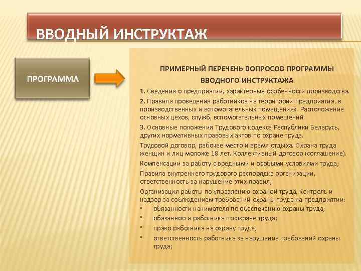 ВВОДНЫЙ ИНСТРУКТАЖ ПРИМЕРНЫЙ ПЕРЕЧЕНЬ ВОПРОСОВ ПРОГРАММЫ ВВОДНОГО ИНСТРУКТАЖА 1. Сведения о предприятии, характерные особенности