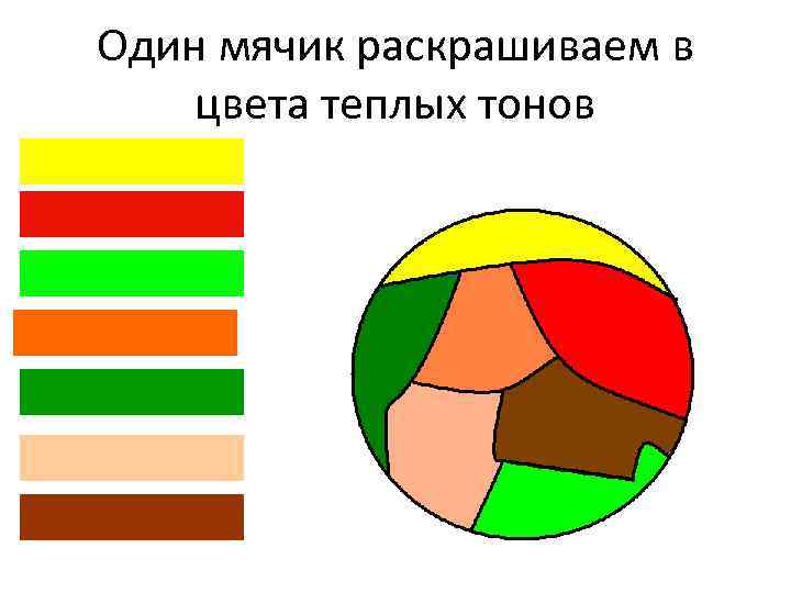 Один мячик раскрашиваем в цвета теплых тонов 