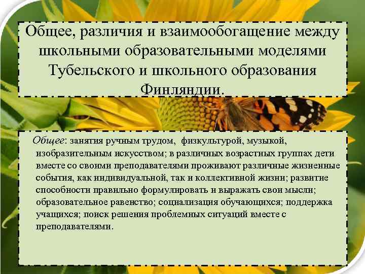 Общее, различия и взаимообогащение между школьными образовательными моделями Тубельского и школьного образования Финляндии. Общее: