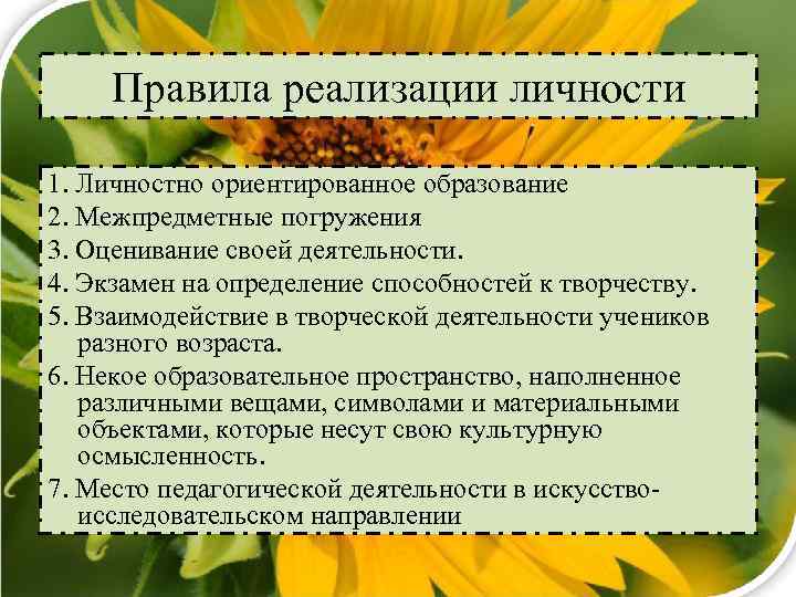 Правила реализации личности 1. Личностно ориентированное образование 2. Межпредметные погружения 3. Оценивание своей деятельности.