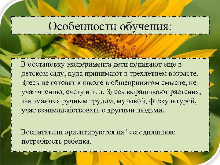 Особенности обучения: В обстановку эксперимента дети попадают еще в детском саду, куда принимают в