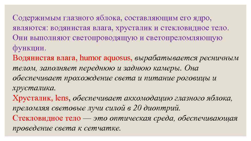 Содержимым глазного яблока, составляющим его ядро, являются: водянистая влага, хрусталик и стекловидное тело. Они