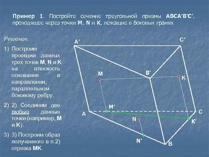 Пример 1. Постройте сечение треугольной призмы ABCA’B’C’, проходящее через точки M, N и K,