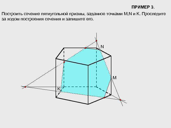 ПРИМЕР 3. Построить сечение пятиугольной призмы, заданное точками M, N и K. Проследите за