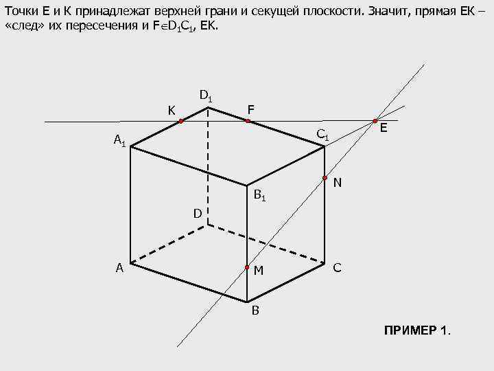 Точки Е и К принадлежат верхней грани и секущей плоскости. Значит, прямая ЕК –