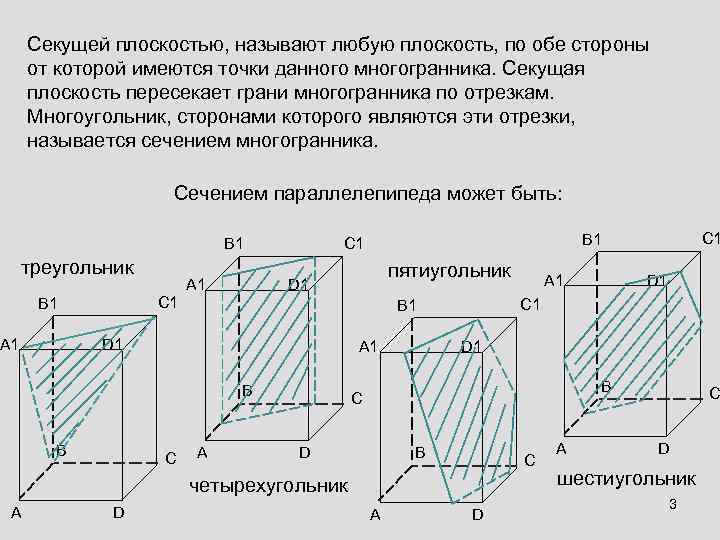 Секущей плоскостью, называют любую плоскость, по обе стороны от которой имеются точки данного многогранника.