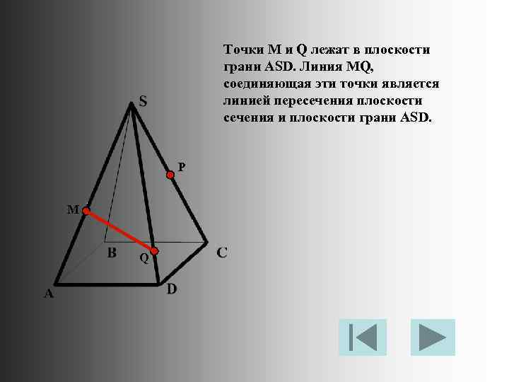 Точки M и Q лежат в плоскости грани АSD. Линия МQ, соединяющая эти точки