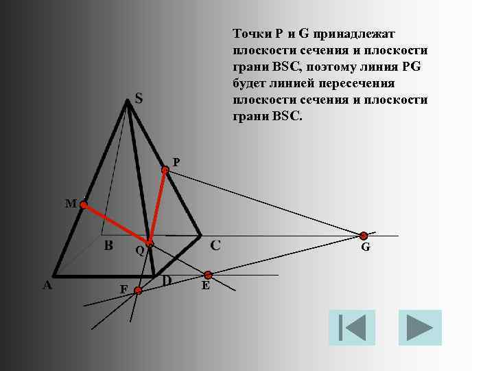 Точки P и G принадлежат плоскости сечения и плоскости грани BSC, поэтому линия PG