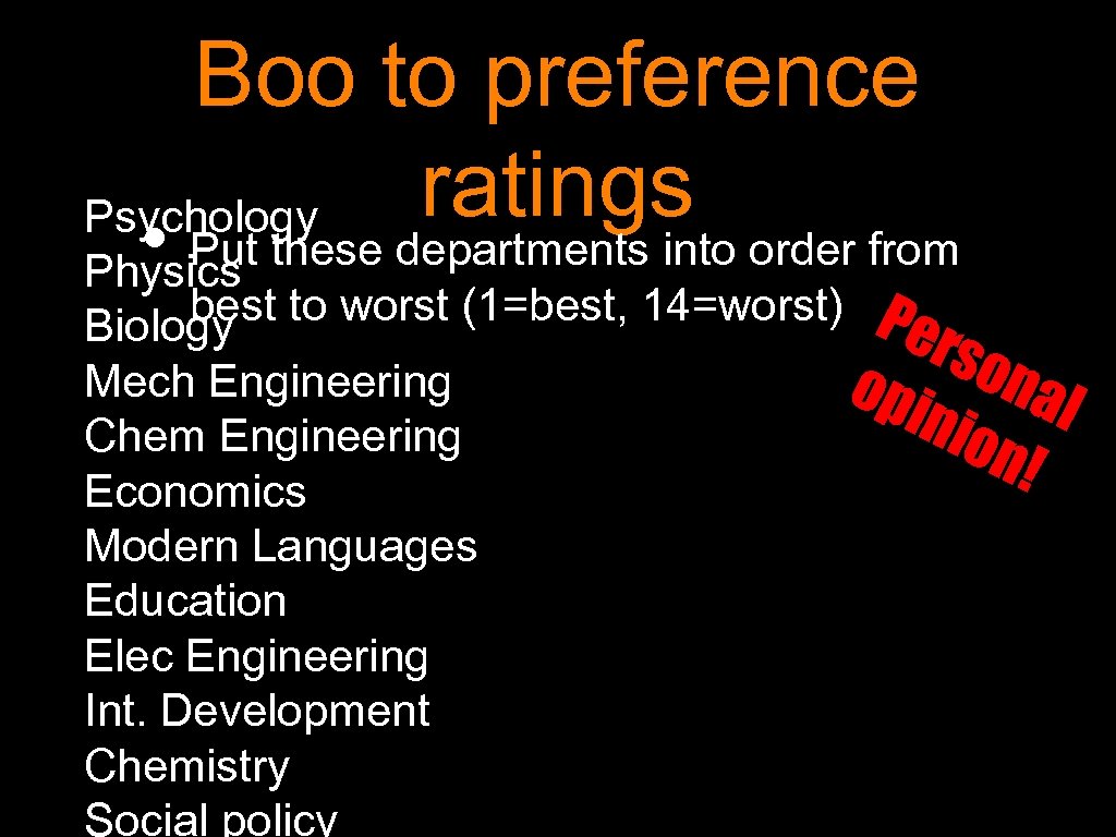 Boo to preference ratings Psychology • Put these departments into order from Physics best