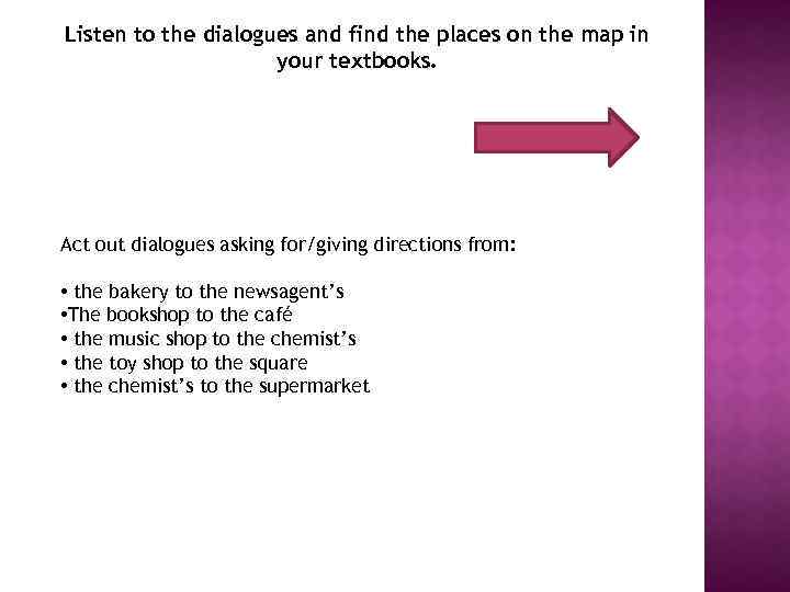Listen to the dialogues and find the places on the map in your textbooks.