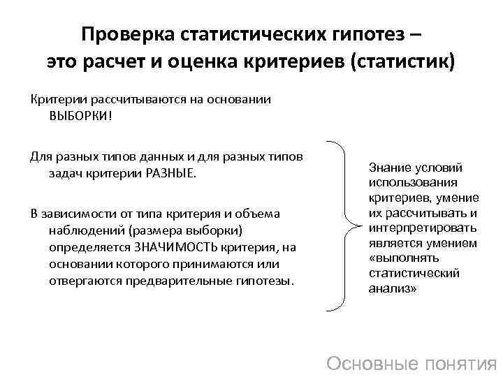 Проверка статистических гипотез – это расчет и оценка критериев (статистик) Критерии рассчитываются на основании