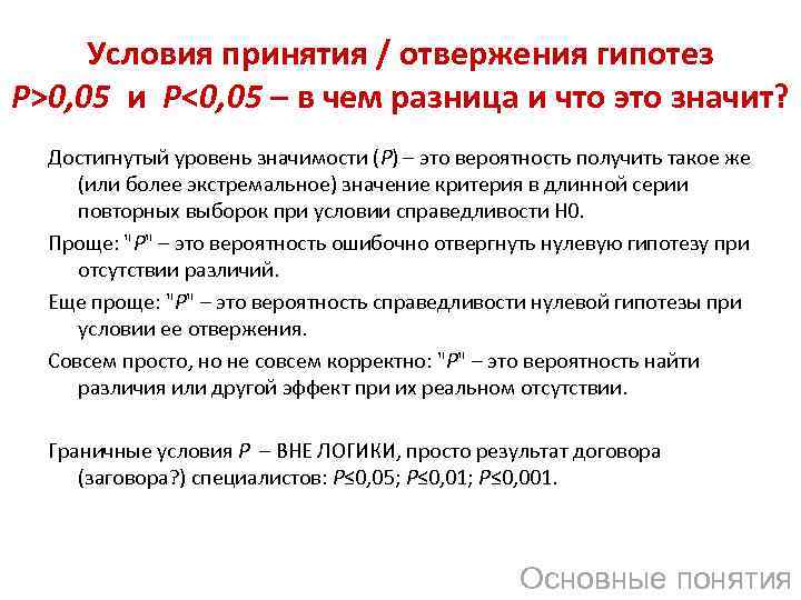 Условия принятия / отвержения гипотез P>0, 05 и P<0, 05 – в чем разница