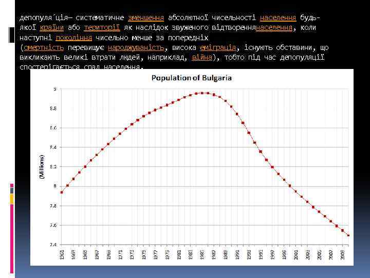 депопуля ція— систематичне зменшення абсолютної чисельності населення будь якої країни або території як наслідок