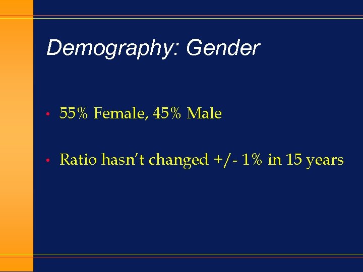 Demography: Gender • 55% Female, 45% Male • Ratio hasn’t changed +/- 1% in