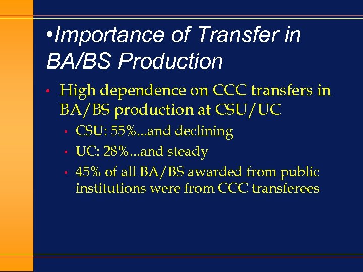  • Importance of Transfer in BA/BS Production • High dependence on CCC transfers