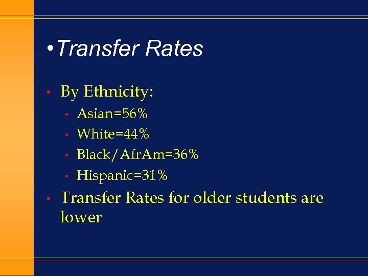  • Transfer Rates • By Ethnicity: • • • Asian=56% White=44% Black/Afr. Am=36%