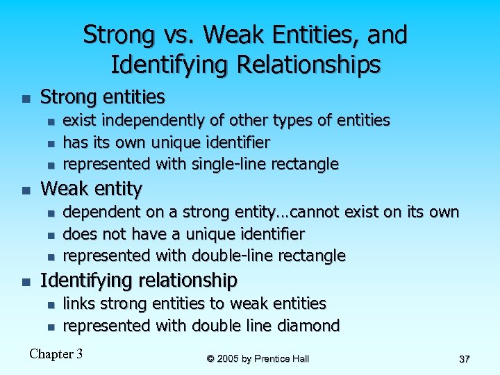 Strong vs. Weak Entities, and Identifying Relationships n Strong entities n n Weak entity