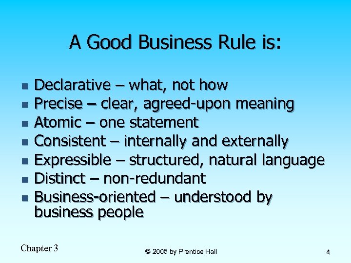 A Good Business Rule is: n n n n Declarative – what, not how