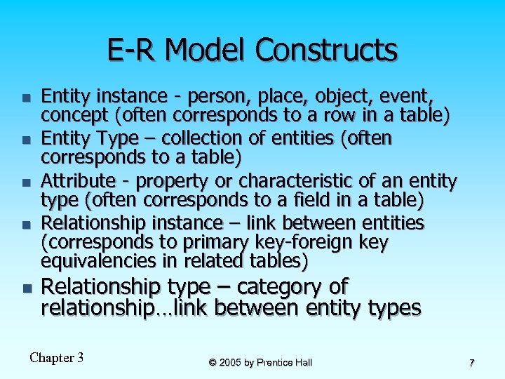 E-R Model Constructs n n n Entity instance - person, place, object, event, concept
