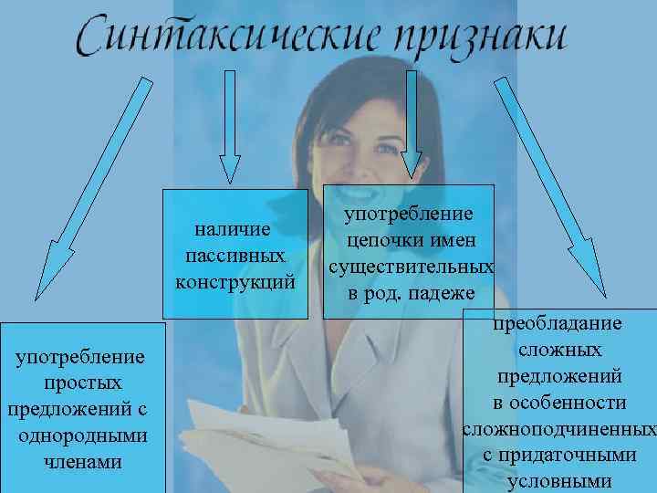 наличие пассивных конструкций употребление простых предложений с однородными членами употребление цепочки имен существительных в