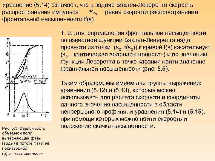 Уравнение (5. 14) означает, что в задаче Баклея-Леверетта скорость распространения импульса равна скорости распространения