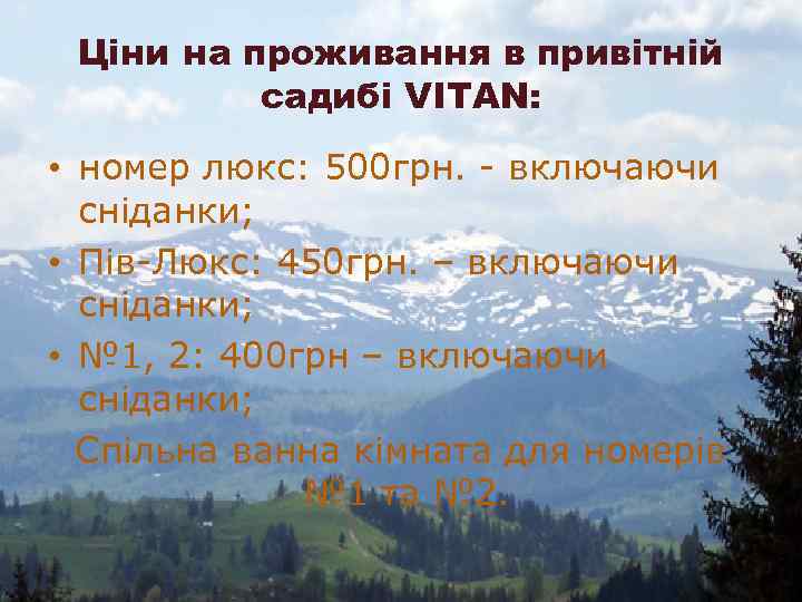 Ціни на проживання в привітній садибі VITAN: • номер люкс: 500 грн. - включаючи