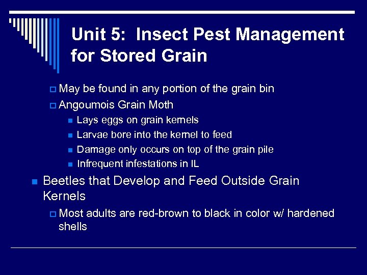Unit 5: Insect Pest Management for Stored Grain p May be found in any
