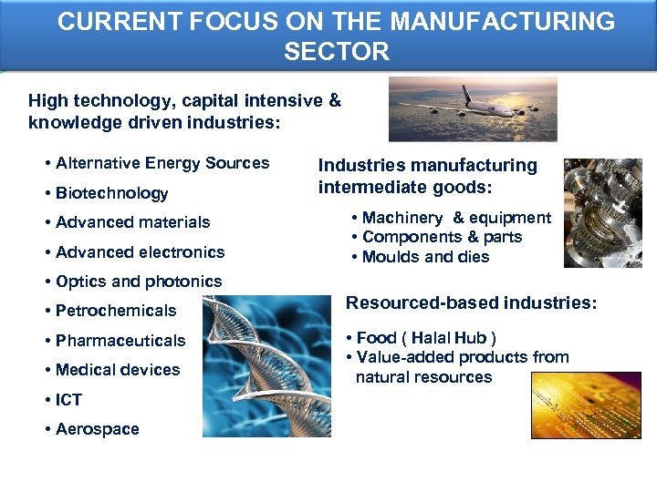 CURRENT FOCUS ON THE MANUFACTURING SECTOR High technology, capital intensive & knowledge driven industries: