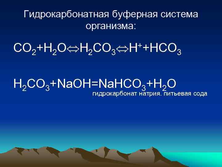 Гидрокарбонатная буферная система организма: CO 2+H 2 O H 2 CO 3 H++HCO 3
