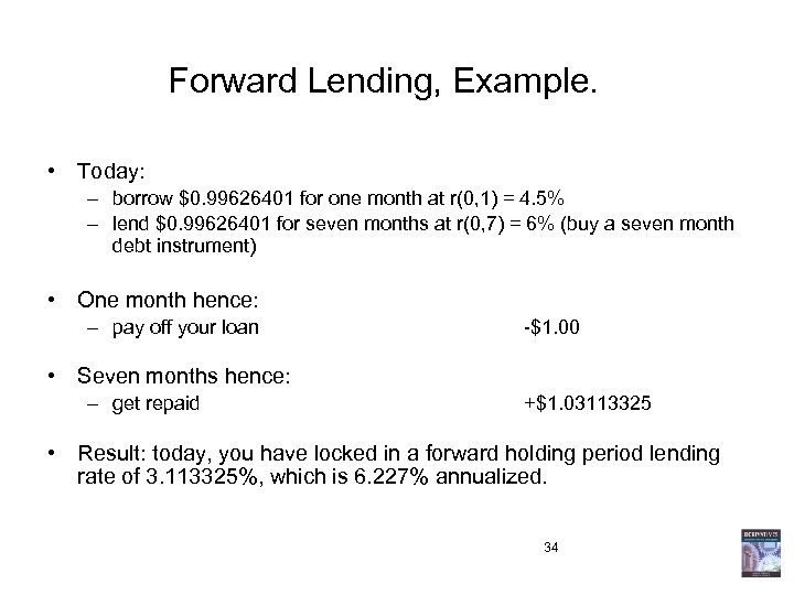 Forward Lending, Example. • Today: – borrow $0. 99626401 for one month at r(0,