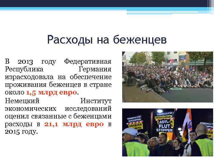Расходы на беженцев В 2013 году Федеративная Республика Германия израсходовала на обеспечение проживания беженцев