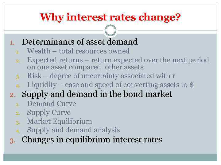 Why interest rates change? 1. Determinants of asset demand 1. Wealth – total resources