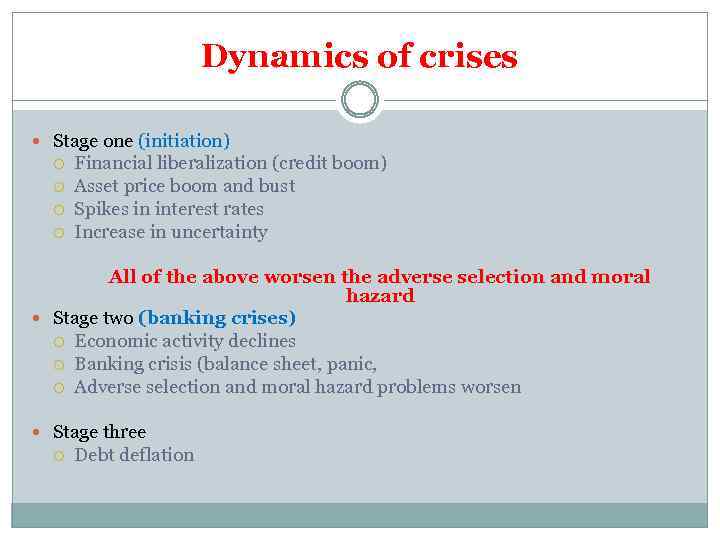 Dynamics of crises Stage one (initiation) Financial liberalization (credit boom) Asset price boom and