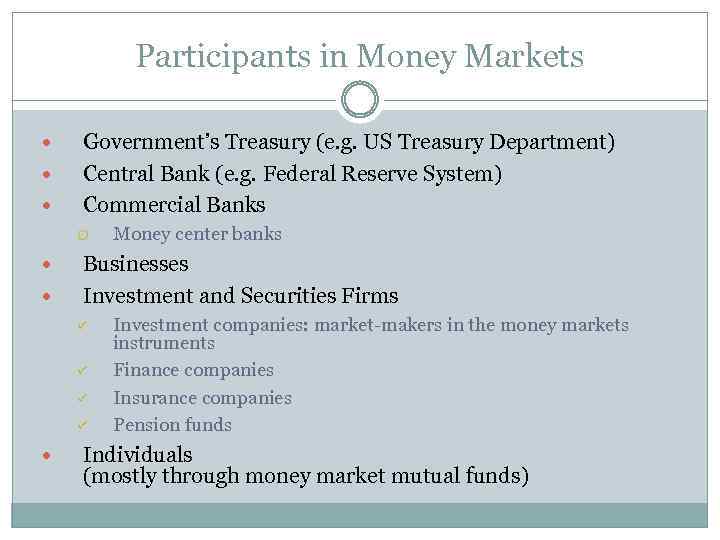 Participants in Money Markets Government’s Treasury (e. g. US Treasury Department) Central Bank (e.