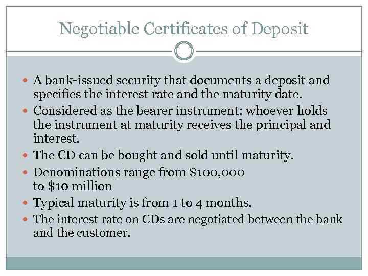 Negotiable Certificates of Deposit A bank-issued security that documents a deposit and specifies the