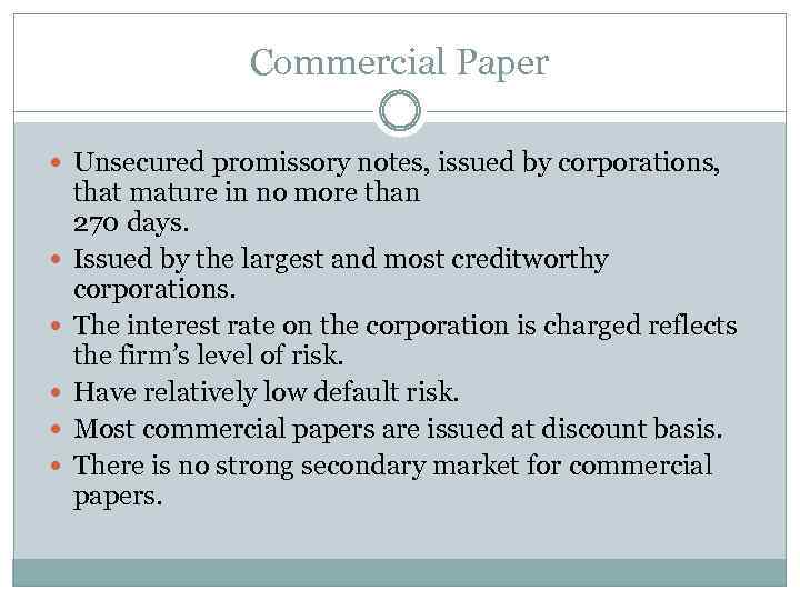 Commercial Paper Unsecured promissory notes, issued by corporations, that mature in no more than