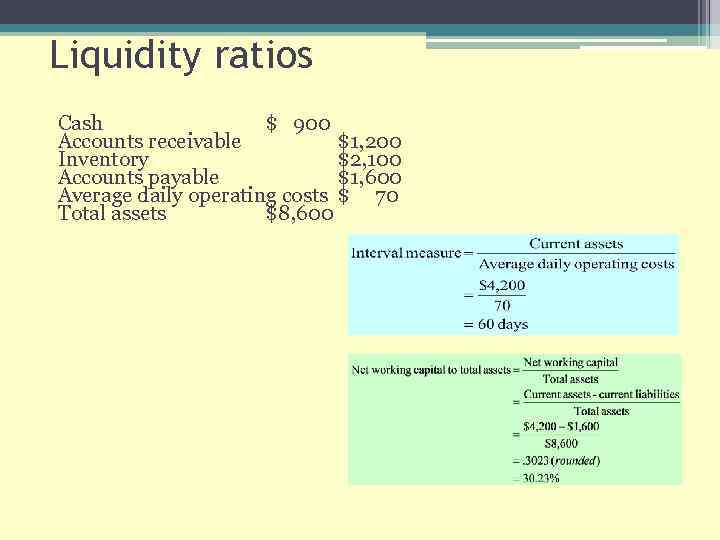 Liquidity ratios Cash $ 900 Accounts receivable $1, 200 Inventory $2, 100 Accounts payable