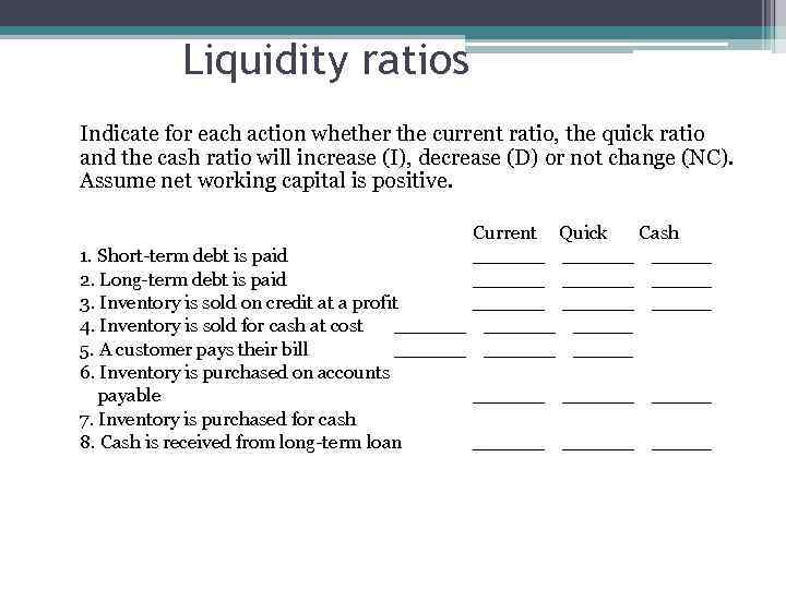 Liquidity ratios Indicate for each action whether the current ratio, the quick ratio and