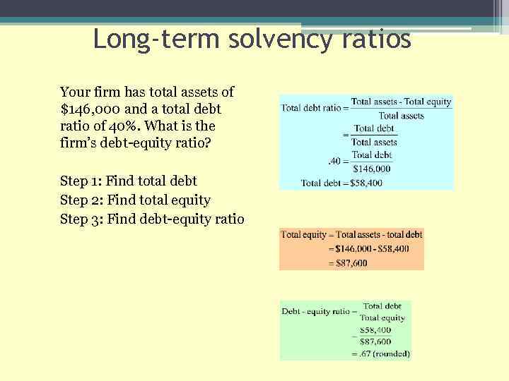 Long-term solvency ratios Your firm has total assets of $146, 000 and a total