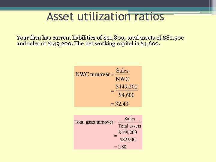 Asset utilization ratios Your firm has current liabilities of $21, 800, total assets of