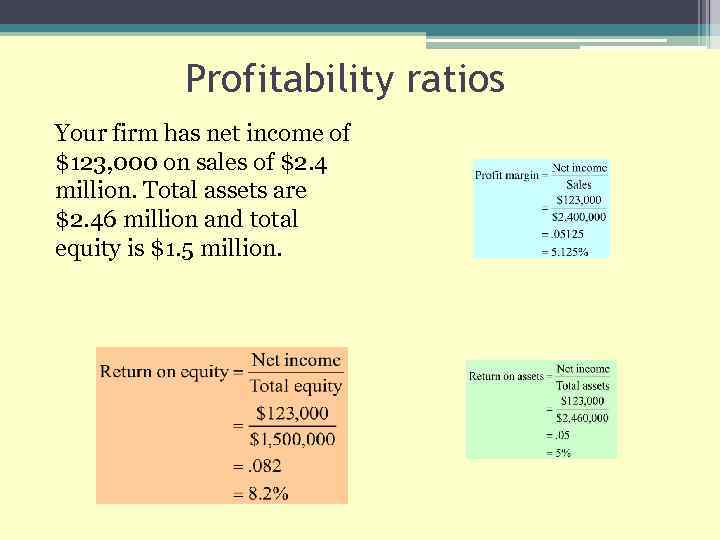 Profitability ratios Your firm has net income of $123, 000 on sales of $2.