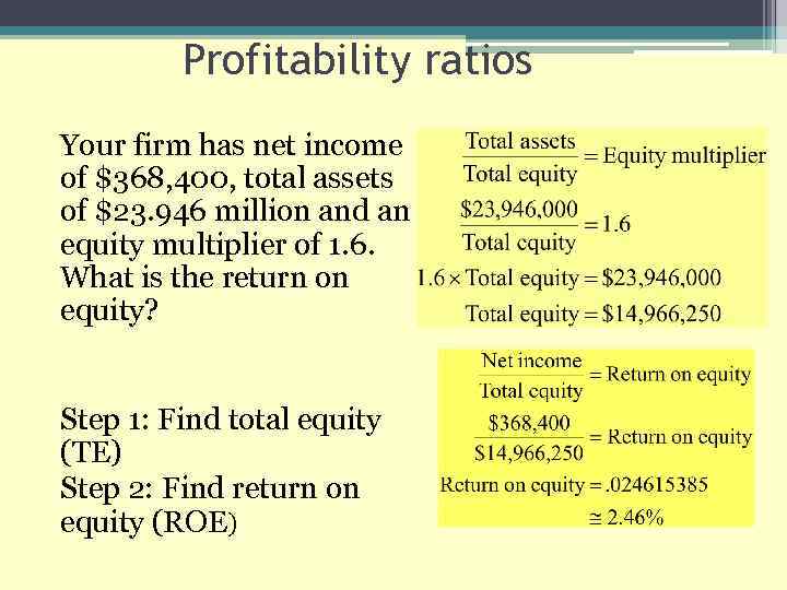 Profitability ratios Your firm has net income of $368, 400, total assets of $23.