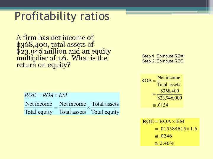 Profitability ratios A firm has net income of $368, 400, total assets of $23.