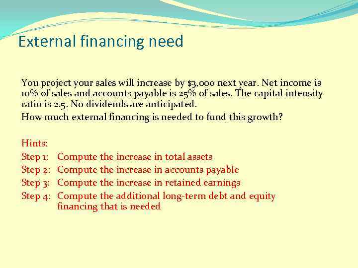 External financing need You project your sales will increase by $3, 000 next year.