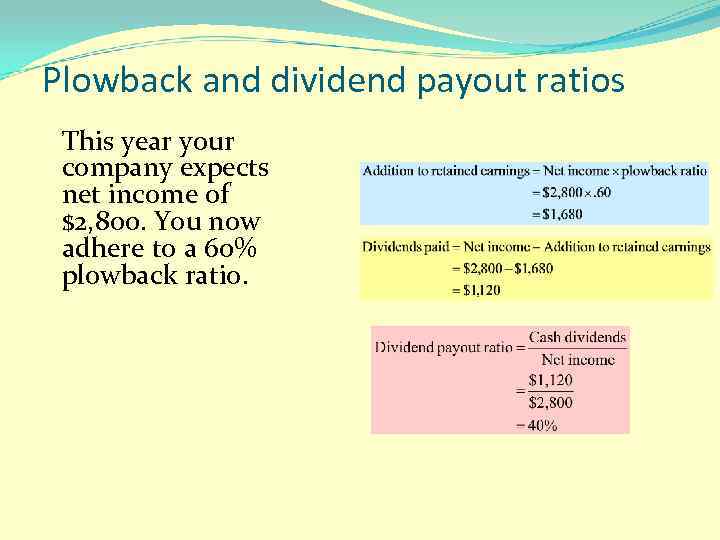 Plowback and dividend payout ratios This year your company expects net income of $2,