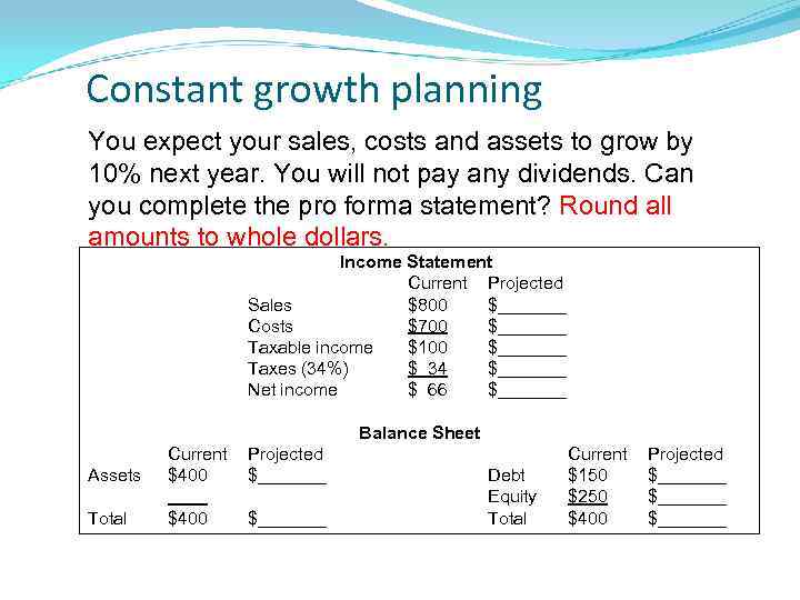 Constant growth planning You expect your sales, costs and assets to grow by 10%