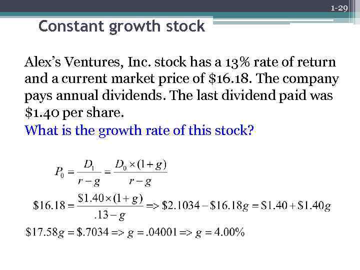 1 -29 Constant growth stock Alex’s Ventures, Inc. stock has a 13% rate of